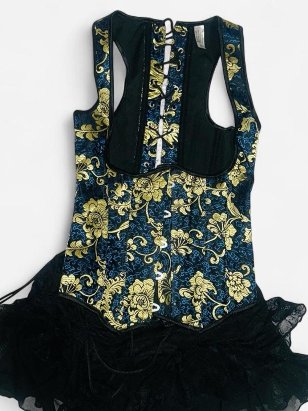 Women's Blue and Gold Floral Brocade Corset-Style Top